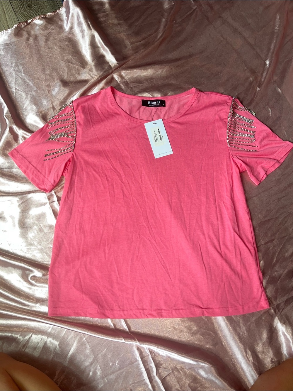 Blue B Pink Short Sleeve Tee with Diamond Chain-Trim Shoulders
